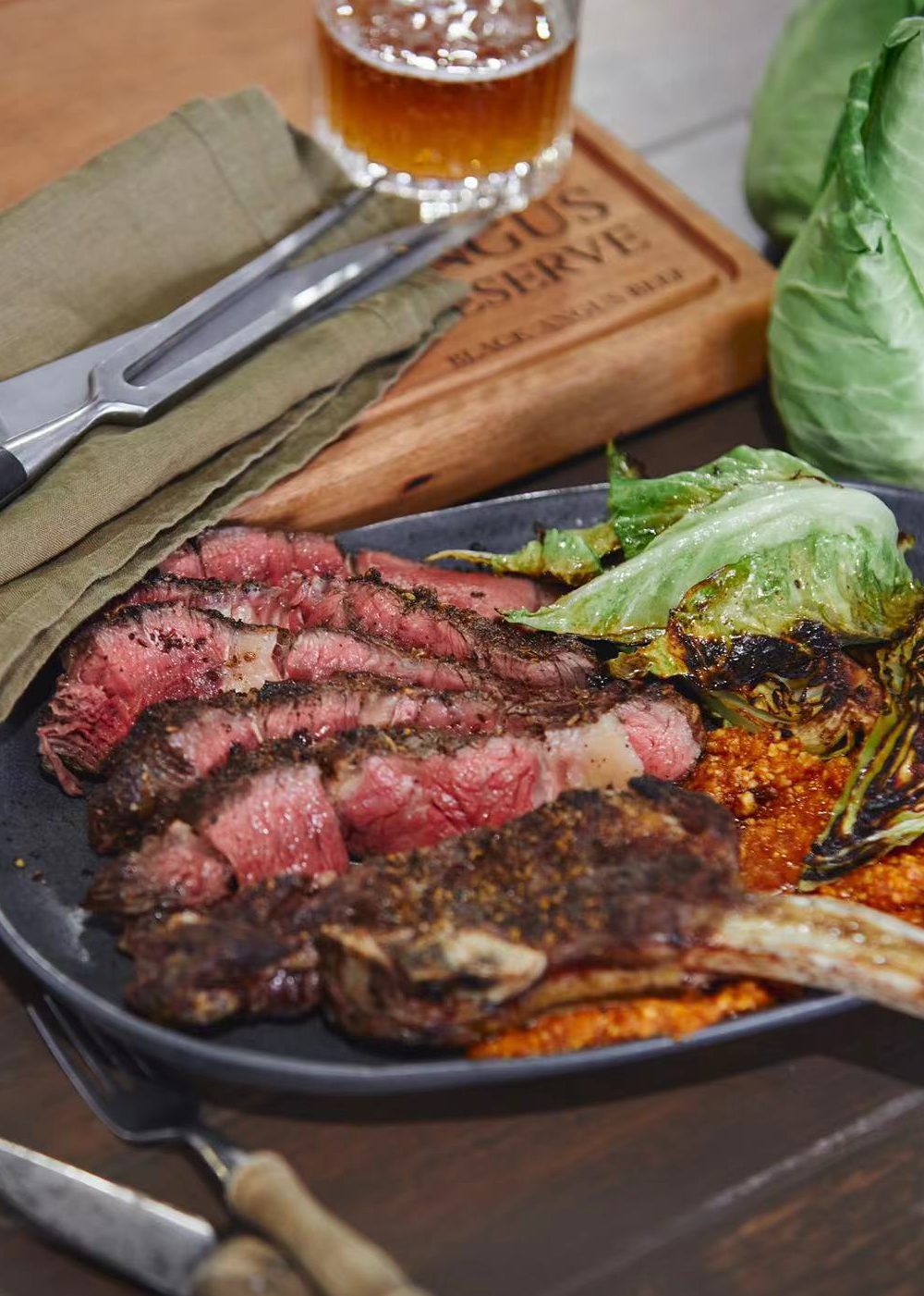 Fennel And Sumac-Crusted Rib-Eye With Romesco And Grilled Baby Cabbage
